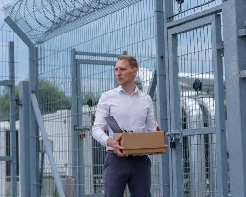 A businessman released from prison holding a box of belongings outside the prison gates.