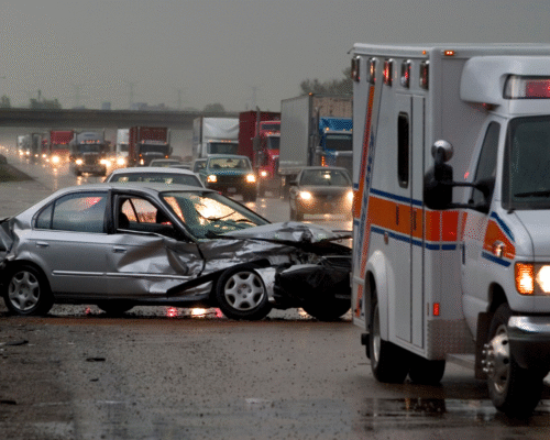 Severely damaged car and an ambulance on a wet highway at the scene of a fatal accident, illustrating the gravity of a vehicular manslaughter San Diego charge.