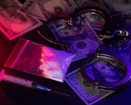 Handcuffs, cash, syringe, and a plastic bag containing white powder arranged under red and blue lighting, representing San Diego drug possession cases where illegally obtained evidence may be suppressed under the exclusionary rule and Fourth Amendment protections.