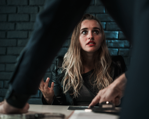 Woman sitting at an interrogation table looking anxious as law enforcement officers question her, representing unlawful police questioning in San Diego and the legal distinctions between custodial interrogation, Miranda rights, and unlawful detention under California law.