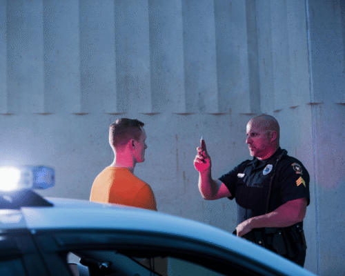 A police officer administering a field sobriety test to a driver during a traffic stop, representing DUI charges faced by out-of-state drivers in San Diego.