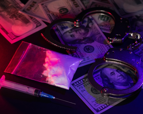 A bag of drugs, a syringe, cash, and handcuffs illustrate how a drug possession arrest can trigger background checks and affect employment opportunities in North County California.
